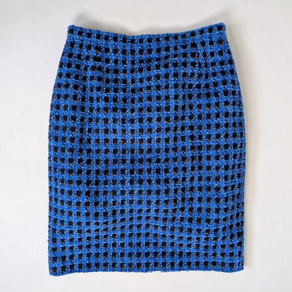 Vtg ESCADA Saks Fifth Avenue Blue Tweed Skirt Wool Mohair Grid 44 - Picture 1 of 8